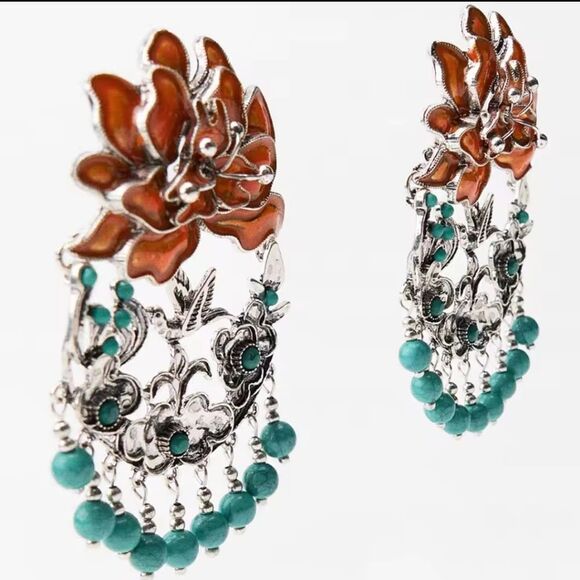 New ZARA Orange, Turquoise & Silver Floral Beaded Earrings With Bird Detail - Picture 4 of 10
